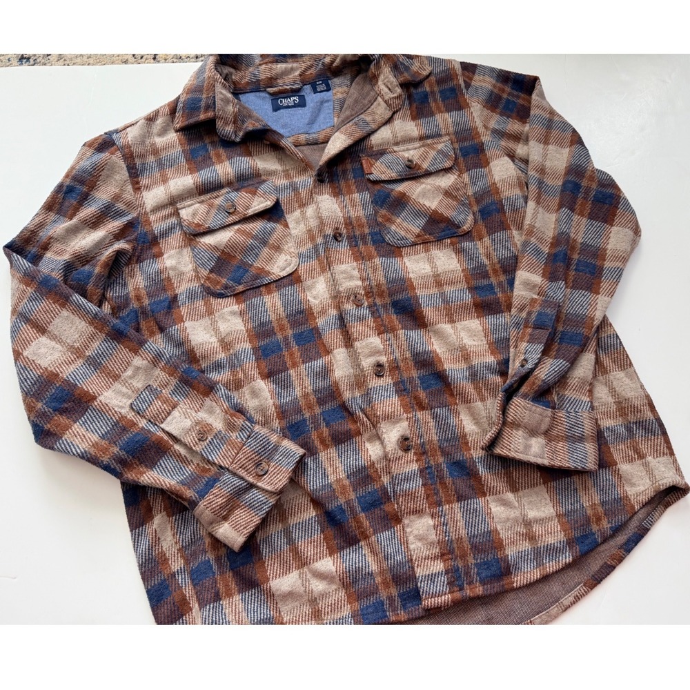 Chaps Men Lakeland Plaid Button Down Shirt Brown Blue Long Sleeve Flannel Medium